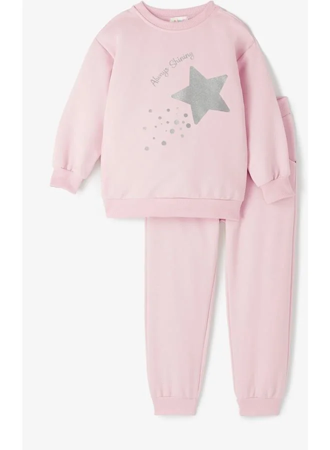 جون June Girl Glittery Printed Tracksuit Set Light Pink
