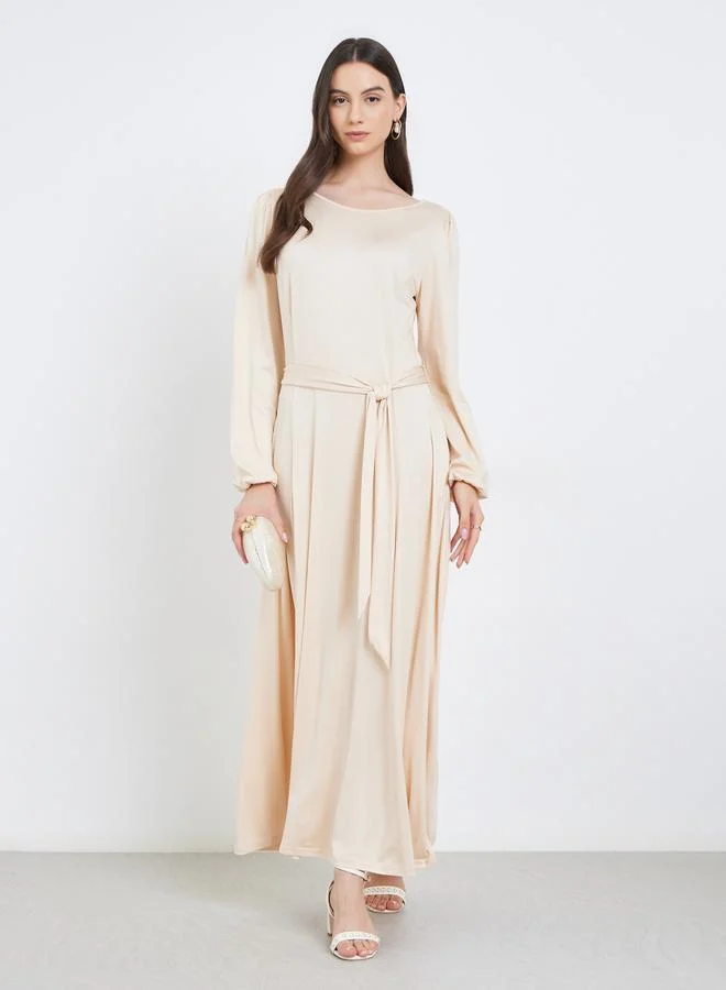 Take Two Take Two Beige A-Line Maxi Dress with Tie Waist