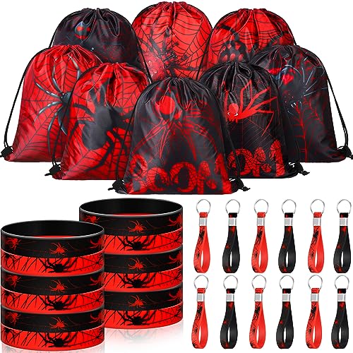 Lothee 32 Pcs Spider Party Favors Spiderweb Birthday Party Decor Drawstring Bag Goodies Bags with Rubber Bracelets Wristlet Keychain for Spiders Supplies Friends Gifts Carnival AccessoriesCool - Image 1