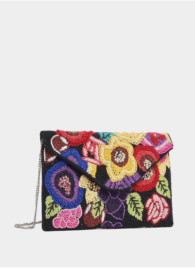 Styli Floral Embellished Clutch with Detachable Chain Strap  - Image 1