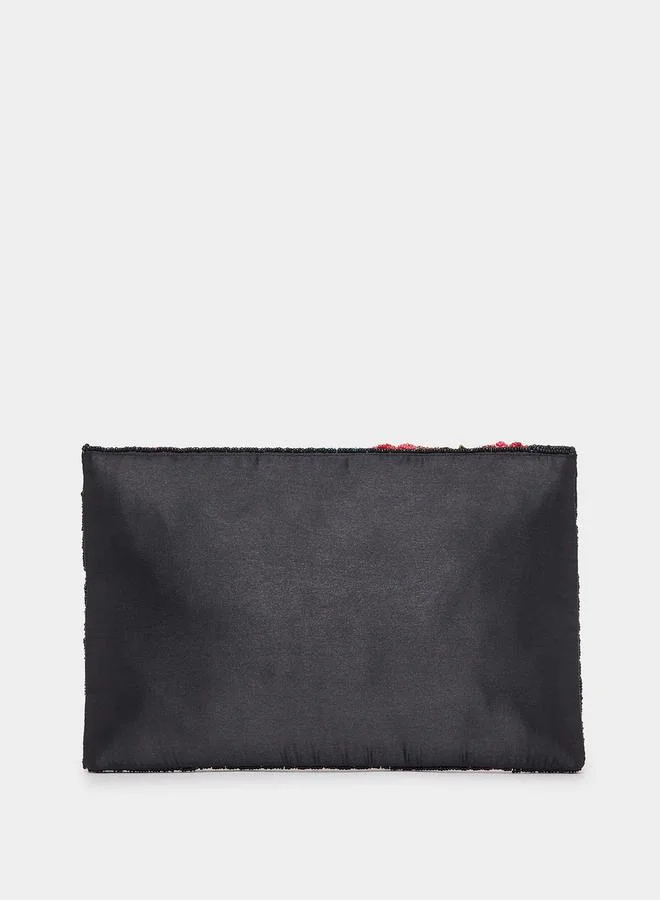 Styli Floral Embellished Clutch with Detachable Chain Strap