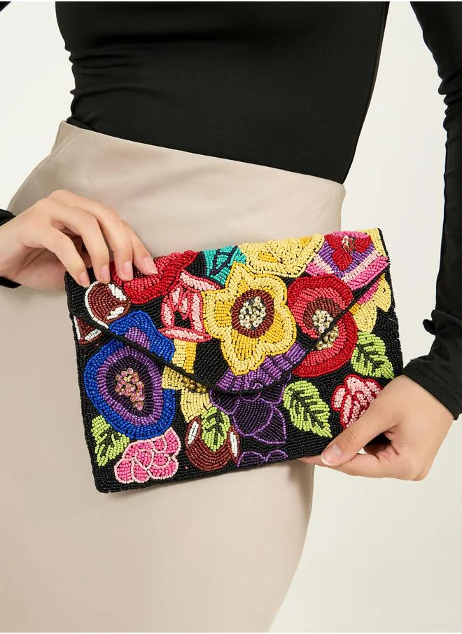 Styli Floral Embellished Clutch with Detachable Chain Strap