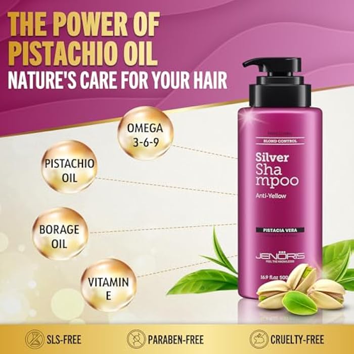 Jenoris Silver Purple Shampoo For Blonde, Silver, Gray & Lightened Hair – Neutralizes Yellow & Brassy Tones – Enriched with Natural Oils, Paraben & SLS Free, Salon Professional, 16.9 Fl Oz - Image 2