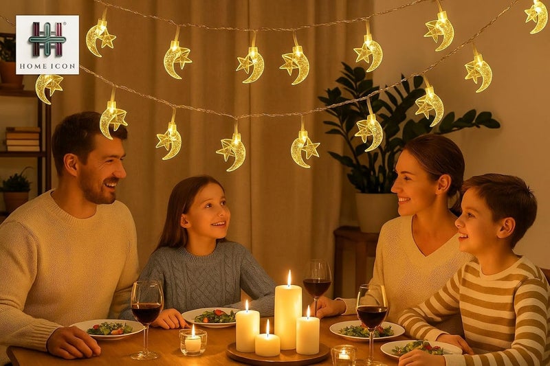 Home Icon أضواء خيط النجوم والقمر من HOME ICON – 3م/9.8قدم، 30 LED، أضواء زخرفية تعمل بالبطارية لرمضان، عيد مبارك، ديوالي، المنزل، وزينة المدفأة - Image 3