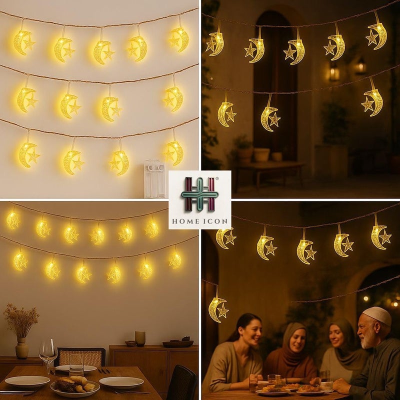Home Icon أضواء خيط النجوم والقمر من HOME ICON – 3م/9.8قدم، 30 LED، أضواء زخرفية تعمل بالبطارية لرمضان، عيد مبارك، ديوالي، المنزل، وزينة المدفأة - Image 5