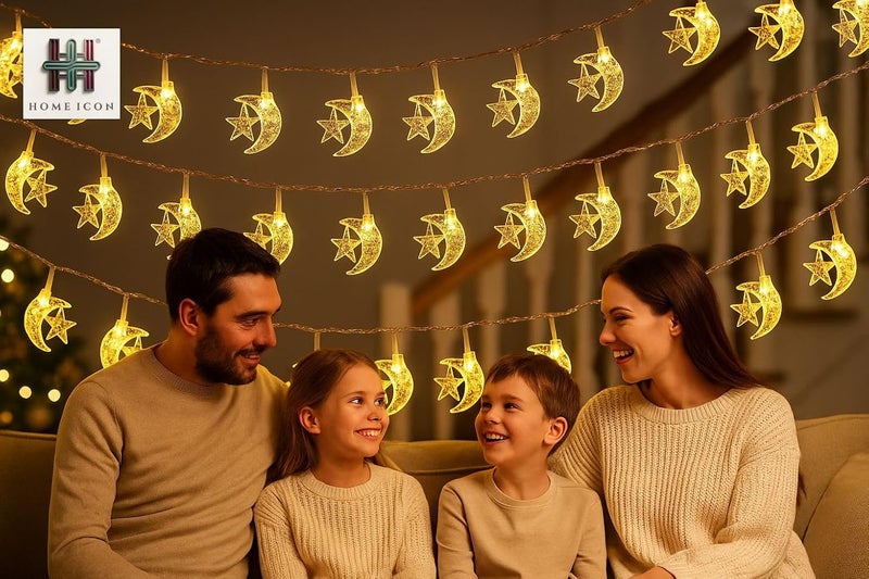 Home Icon أضواء خيط النجوم والقمر من HOME ICON – 3م/9.8قدم، 30 LED، أضواء زخرفية تعمل بالبطارية لرمضان، عيد مبارك، ديوالي، المنزل، وزينة المدفأة - Image 2