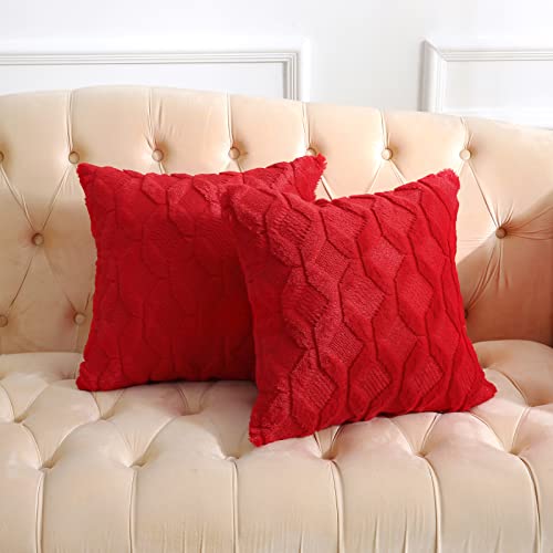 Volcanics Pack of 2 Christmas Faux Wool Throw Pillow Covers 20x20 Inches Decorative Farmhouse Velvet Couch Pillow Case Soft Plush Square Boho Cushion Pillowcase Red - Image 1