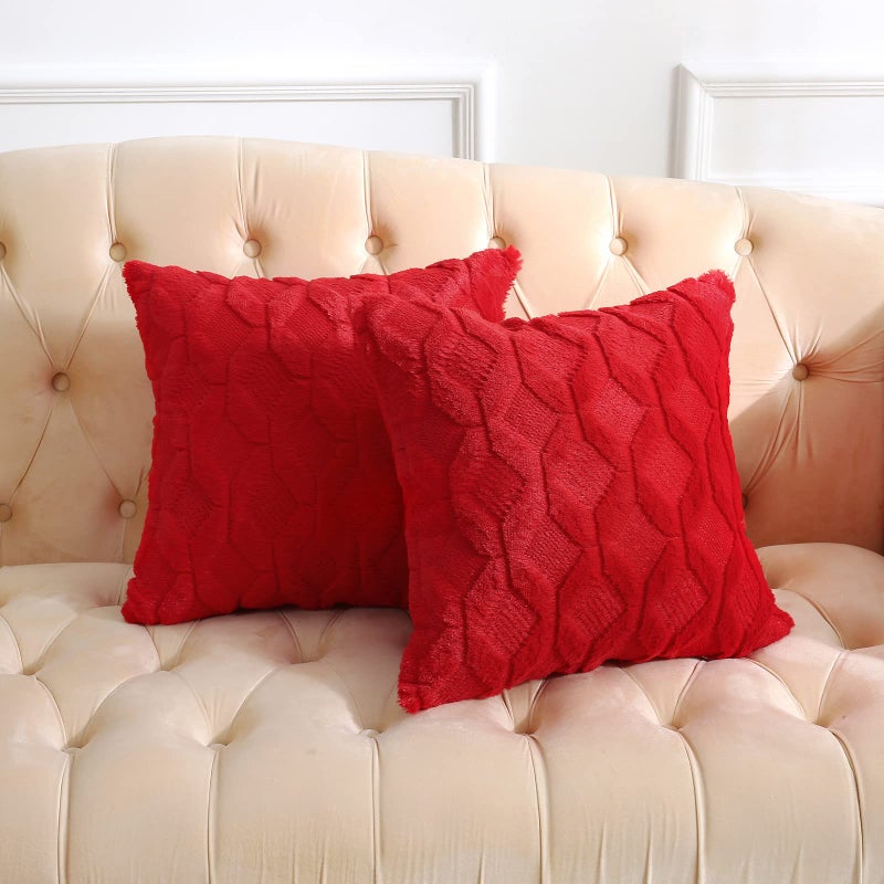 Volcanics Pack of 2 Christmas Faux Wool Throw Pillow Covers 20x20 Inches Decorative Farmhouse Velvet Couch Pillow Case Soft Plush Square Boho Cushion Pillowcase Red - Image 2