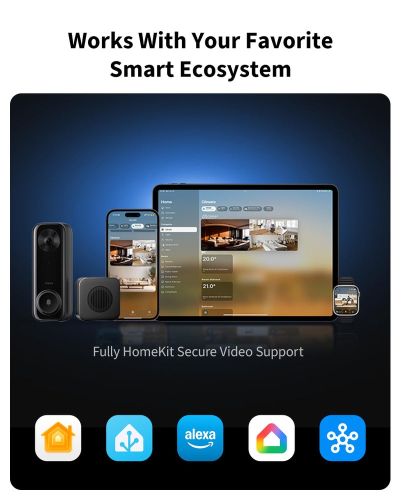 Aqara كاميرا جرس الباب أكارا G400 مع جرس، سلكية/PoE، فيديو آمن HomeKit، عرض بدقة 2K من الرأس إلى القدم، صوت ثنائي الاتجاه، واي فاي 6 بتردد 2.4/5GHz، تدعم أليكسا/جوجل/سمارت ثينغز، كشف محلي وتسجيل على مدار 24/7، IP65 - Image 2