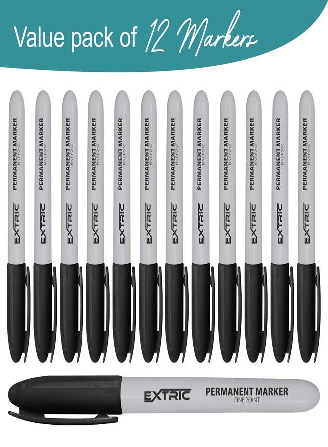 EXTRIC Permanent Markers Black, 12 Count Fine Point Markers, Quick Drying, Works on wood, Paper, Plastic, Metal and Glass, for Home, Office and School use - Image 2