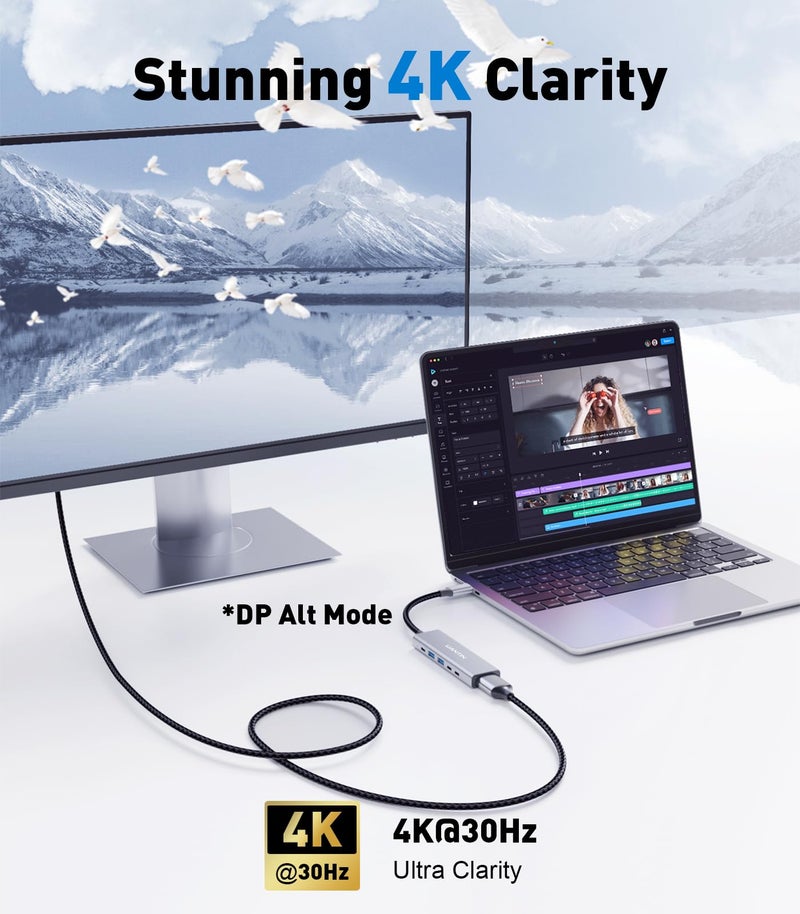 UANTIN USB-C Hub (6-in-1) Multiport Adapter with 10Gbps USB C 3.2 & USB-A 3.2 4K HDMI, 100W Power Delivery, USBC Dongle for MacBook Pro/Air, iPad Pro, ThinkPad, iMac and More - Image 4