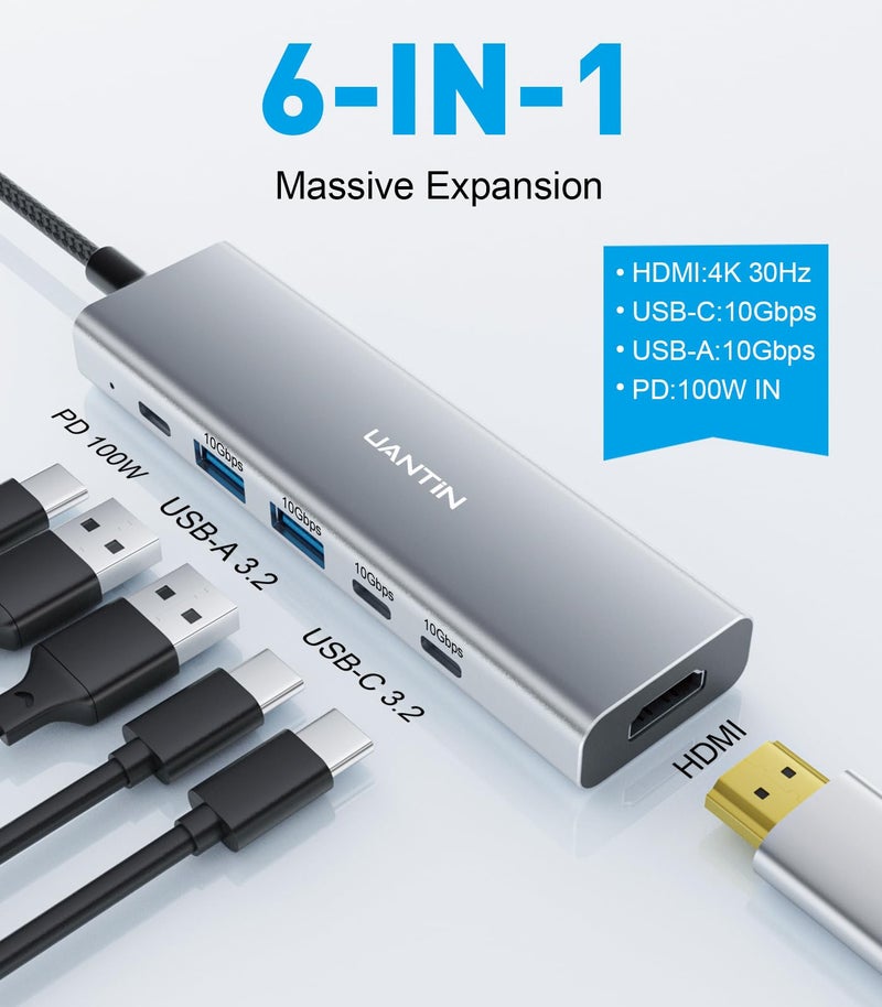 UANTIN USB-C Hub (6-in-1) Multiport Adapter with 10Gbps USB C 3.2 & USB-A 3.2 4K HDMI, 100W Power Delivery, USBC Dongle for MacBook Pro/Air, iPad Pro, ThinkPad, iMac and More - Image 2