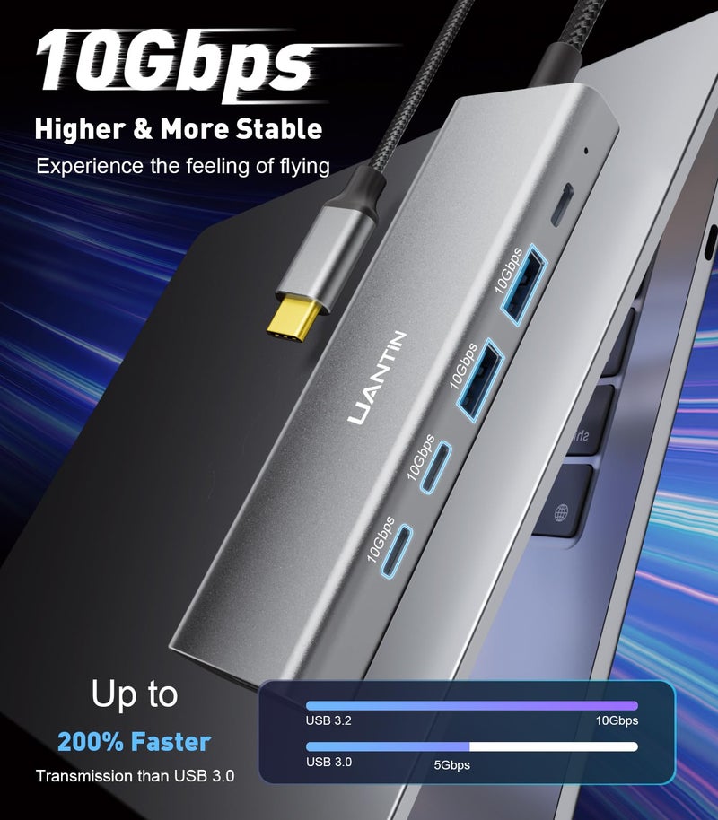 UANTIN USB-C Hub (6-in-1) Multiport Adapter with 10Gbps USB C 3.2 & USB-A 3.2 4K HDMI, 100W Power Delivery, USBC Dongle for MacBook Pro/Air, iPad Pro, ThinkPad, iMac and More - Image 3