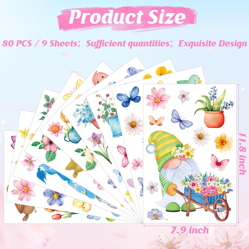 Traplace 80 PCS Spring Window Clings, 9 Sheets Double-Sided Spring Decor with Gnomes Eggs Birds Butterflies Flowers Designs, Colorful Easter Window Clings, Gnome Window Clings for Indoor Outdoor Decor - Image 2
