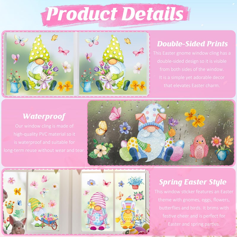 Traplace 80 PCS Spring Window Clings, 9 Sheets Double-Sided Spring Decor with Gnomes Eggs Birds Butterflies Flowers Designs, Colorful Easter Window Clings, Gnome Window Clings for Indoor Outdoor Decor - Image 3