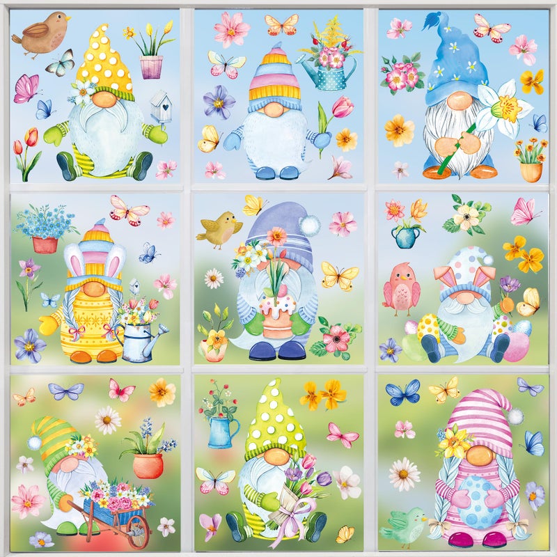 Traplace 80 PCS Spring Window Clings, 9 Sheets Double-Sided Spring Decor with Gnomes Eggs Birds Butterflies Flowers Designs, Colorful Easter Window Clings, Gnome Window Clings for Indoor Outdoor Decor - Image 1