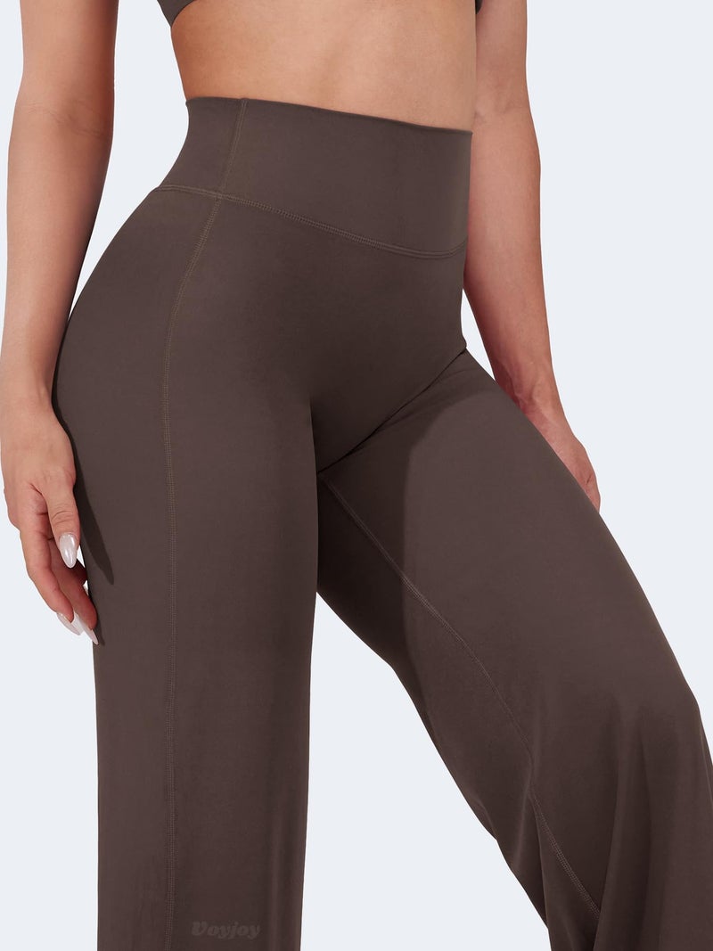 VOYJOY Straight Leggings Bottoms Wide Leg Pants for Women 29"/ 31.5"/33"/35" High Waist Stretch Casual Sweatpants Plum Brown - Image 2