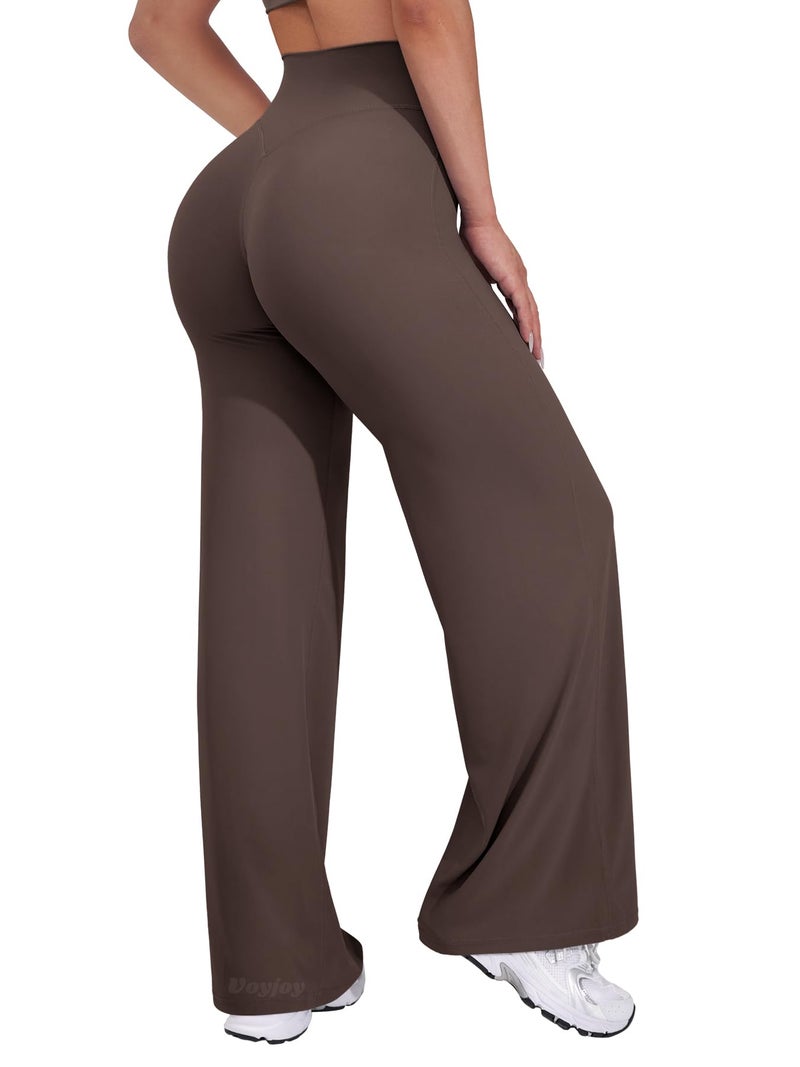 VOYJOY Straight Leggings Bottoms Wide Leg Pants for Women 29"/ 31.5"/33"/35" High Waist Stretch Casual Sweatpants Plum Brown - Image 1