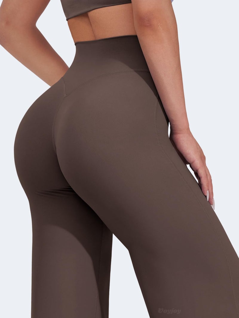 VOYJOY Straight Leggings Bottoms Wide Leg Pants for Women 29"/ 31.5"/33"/35" High Waist Stretch Casual Sweatpants Plum Brown - Image 3