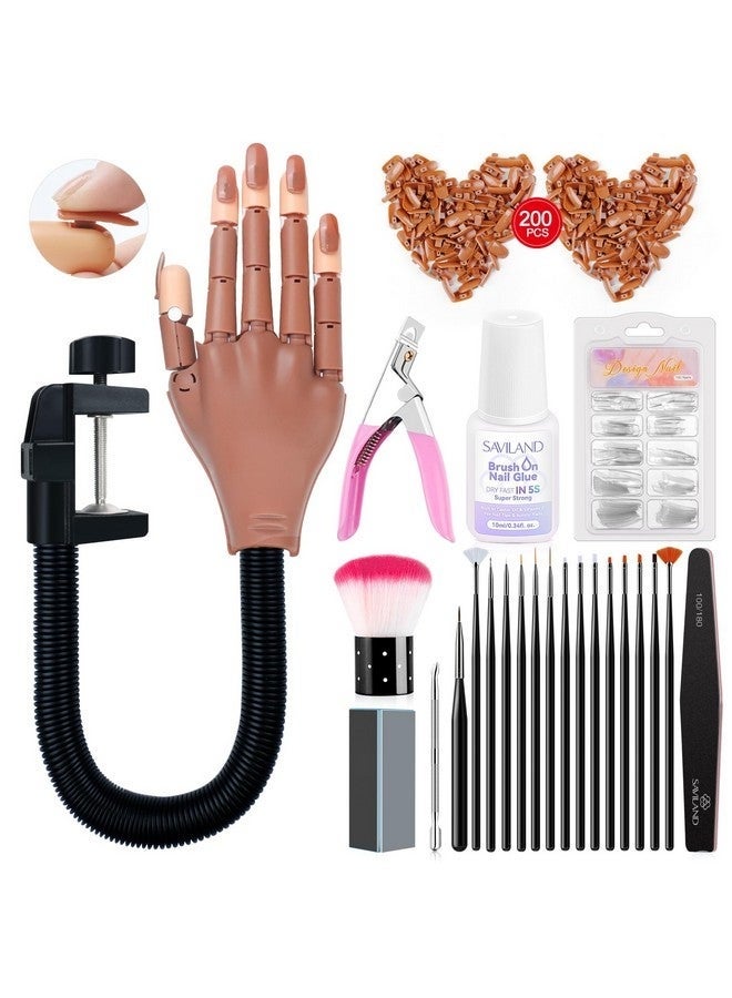 Bukela Practice Hand for Acrylic Nails, Flexible Moveable Fake Hands, Manicure Trainng Hand Nail Kit for Beginners, Movable Nail Maniquin Hand with 200PCS Nail Tips, Nail Glues, Brush and Clipper - Image 1