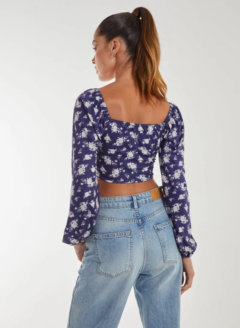 Pink Vanilla  Floral Printed Milkmaid Long Balloon Sleeve Top for Women | Best Price UAE