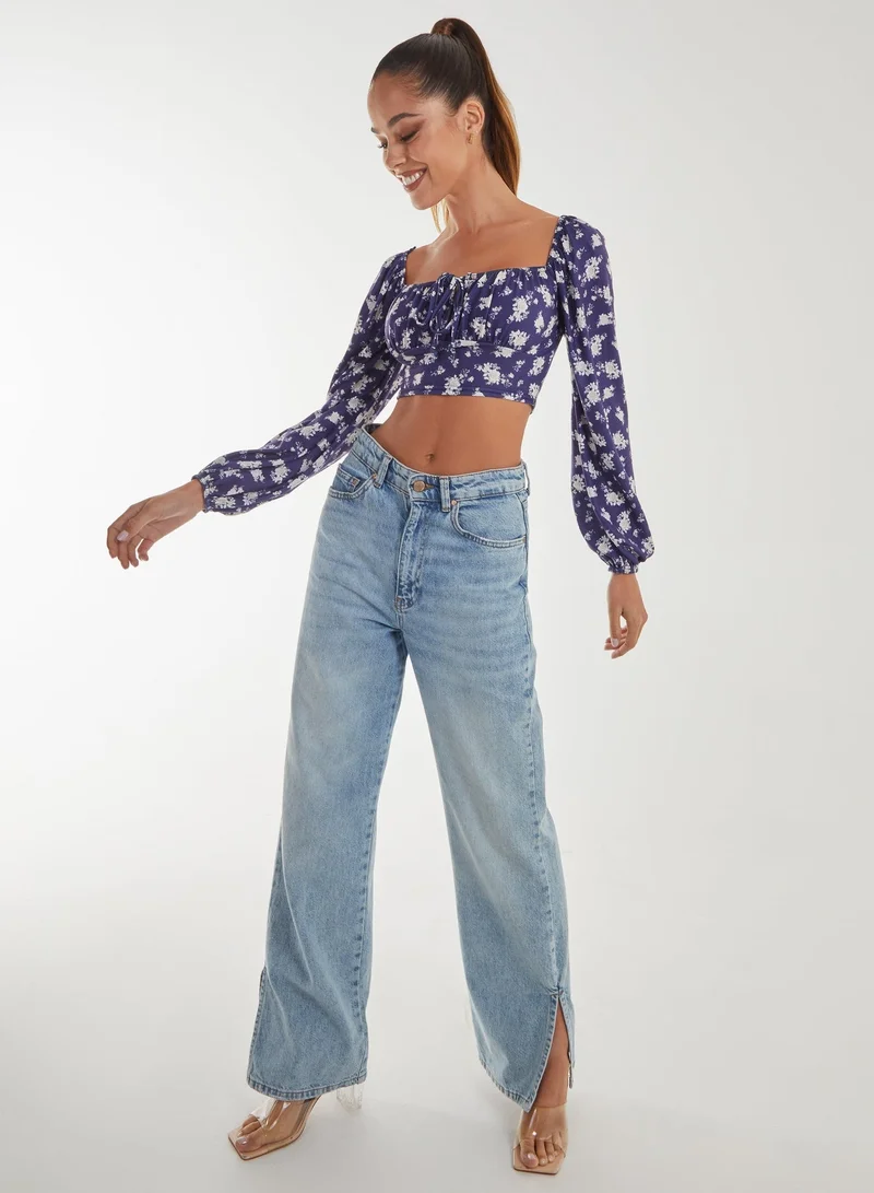 Pink Vanilla Floral Printed Milkmaid Long Balloon Sleeve Top