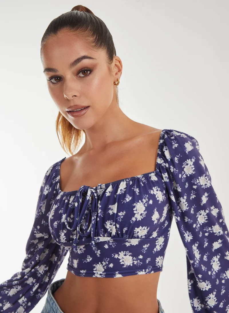 Pink Vanilla Floral Printed Milkmaid Long Balloon Sleeve Top