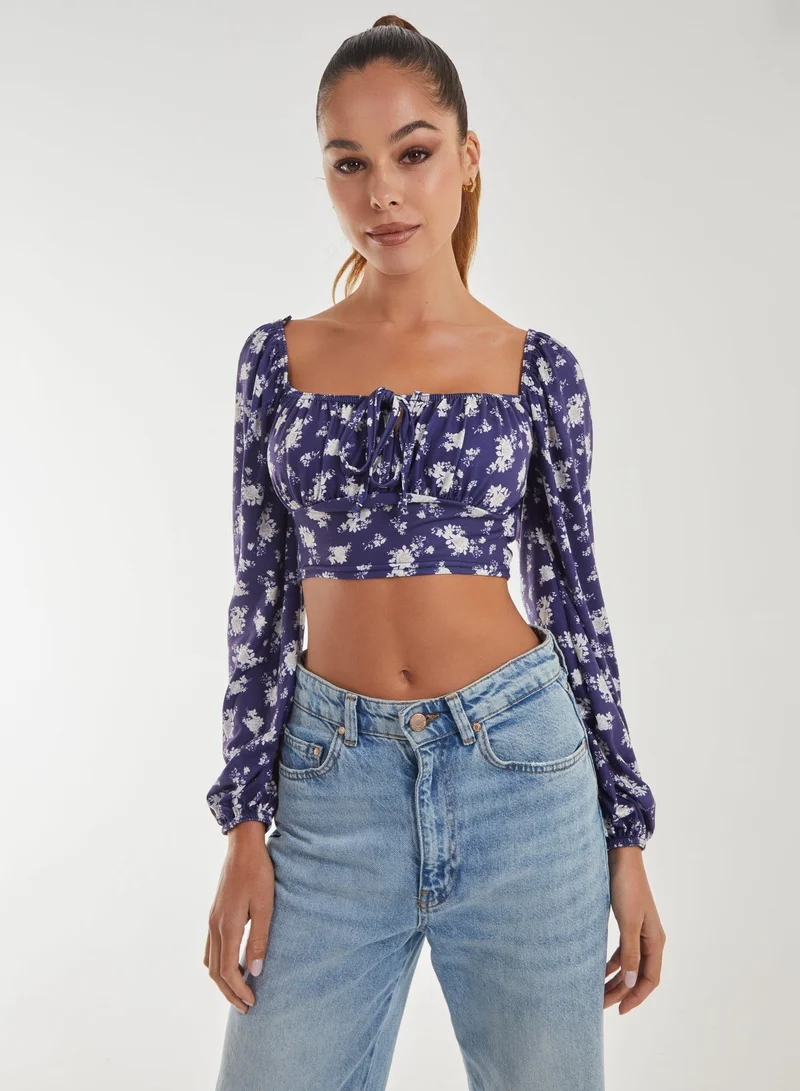 Pink Vanilla  Floral Printed Milkmaid Long Balloon Sleeve Top for Women | Best Price UAE