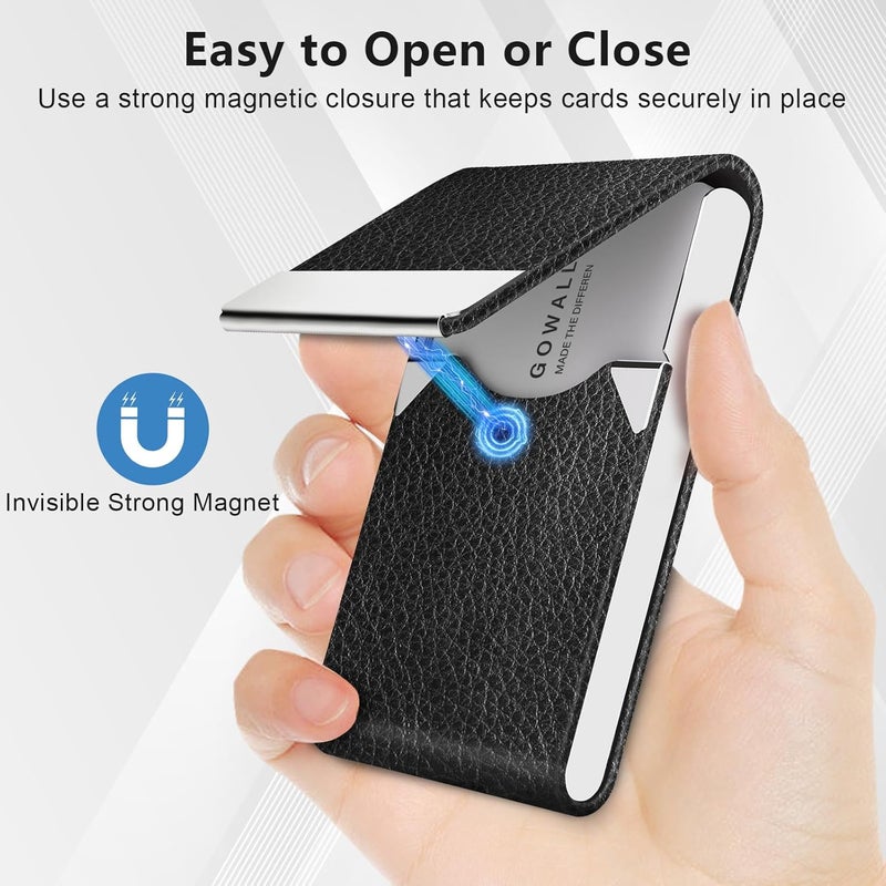 GOWALL Business Card Holder with Magnetic Closure, Slim Metal PU Business Card Case for Men Women, 3.7 x 2.3 inches RFID Blocking Credit Cards Holder for Pocket or Bag Storage, Black Leather, 3.7 x - Image 2