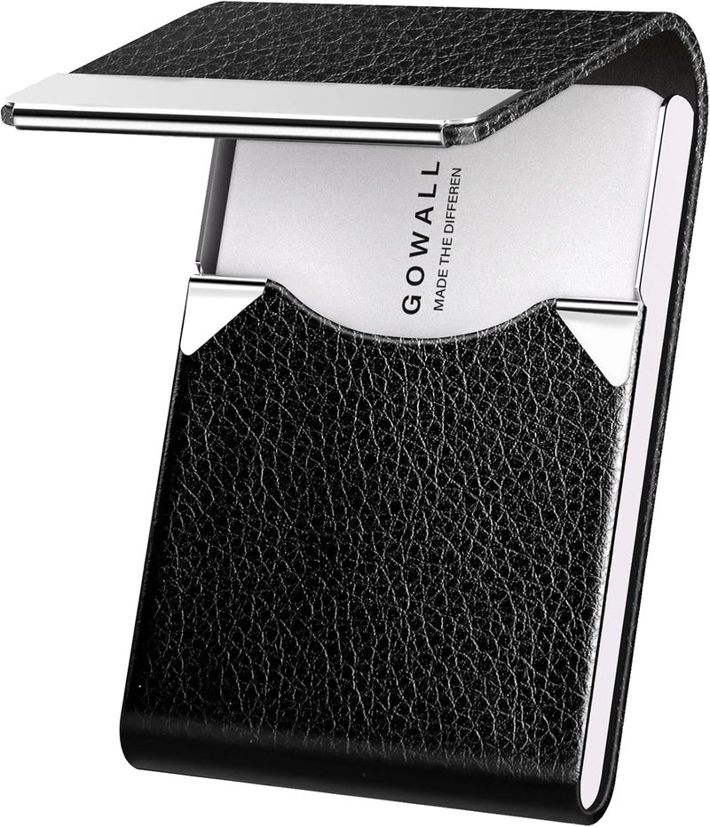 GOWALL Business Card Holder with Magnetic Closure, Slim Metal PU Business Card Case for Men Women, 3.7 x 2.3 inches RFID Blocking Credit Cards Holder for Pocket or Bag Storage, Black Leather, 3.7 x - Image 1