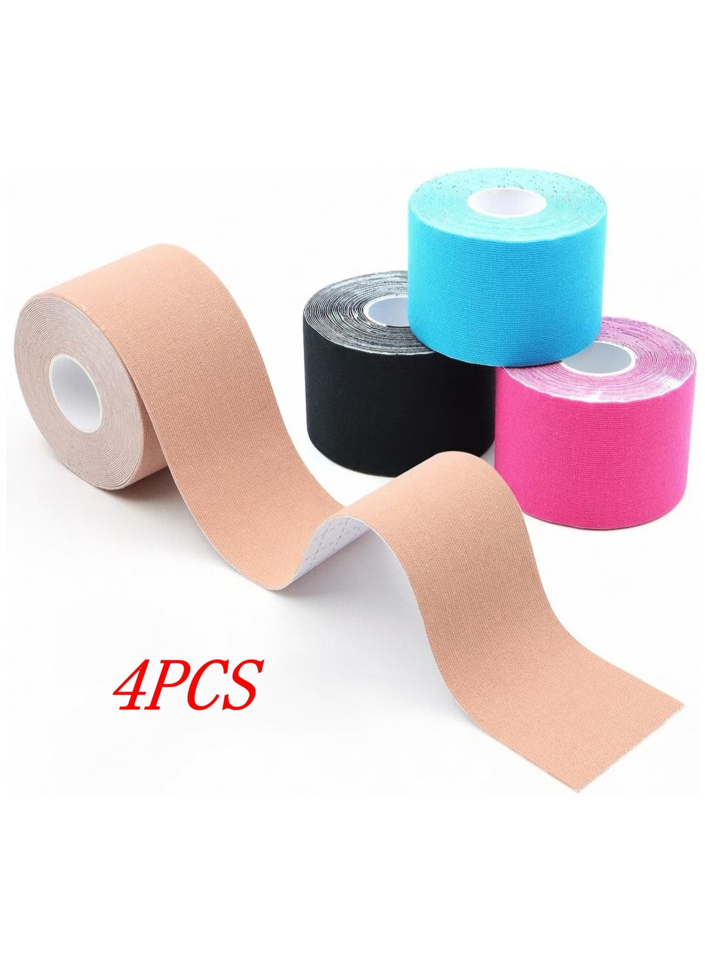 Kinesiology Tape, Skin-Friendly Sports Tapes, Uncut Muscle Tape, for Knee, Shoulder and Elbow, Muscle Tightening Bands, 4 Rolls of Kinesiology Tape, 5 m x 5 cm (Black, Skin, Pink, Light Blue)