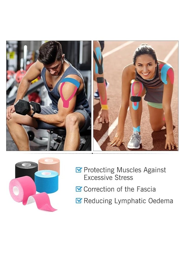 DELGREEN - Kinesiology Tape, Skin-Friendly Sports Tapes, Uncut Muscle Tape, for Knee, Shoulder and Elbow, Muscle Tightening Bands, 4 Rolls of Kinesiology Tape, 5 m x 5 cm (Black, Skin, Pink, Light Blue) - Image 1