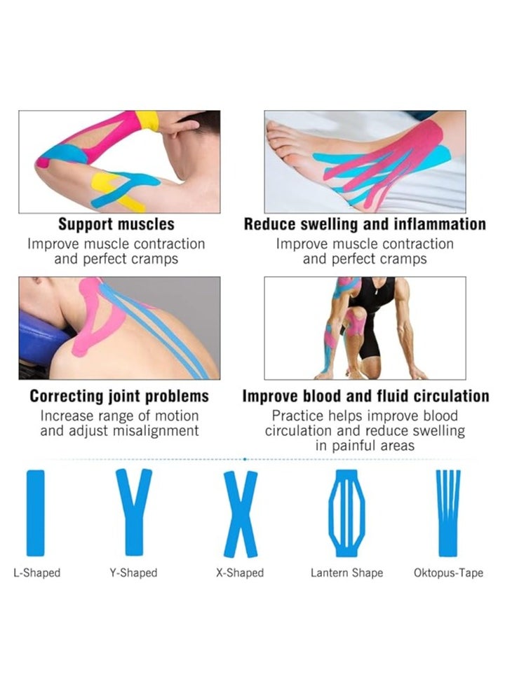 DELGREEN - Kinesiology Tape, Skin-Friendly Sports Tapes, Uncut Muscle Tape, for Knee, Shoulder and Elbow, Muscle Tightening Bands, 4 Rolls of Kinesiology Tape, 5 m x 5 cm (Black, Skin, Pink, Light Blue) - Image 1