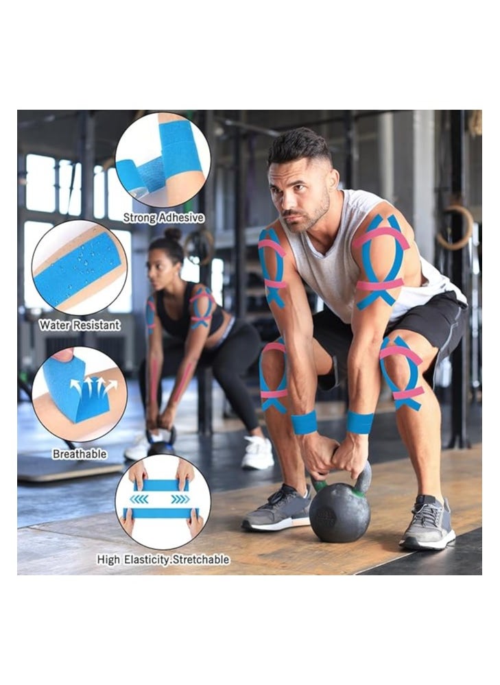 DELGREEN - Kinesiology Tape, Skin-Friendly Sports Tapes, Uncut Muscle Tape, for Knee, Shoulder and Elbow, Muscle Tightening Bands, 4 Rolls of Kinesiology Tape, 5 m x 5 cm (Black, Skin, Pink, Light Blue) - Image 1