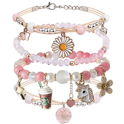 DS Beaded Charm Bracelets for Teen Girls Cute Cartoon 4 PCS Crystal Beads Pearl anime Bracelets for woman girls Adjustable Stretch bracelet anklets birthday Gift For daughter Friends-Pink Pony - Image 1