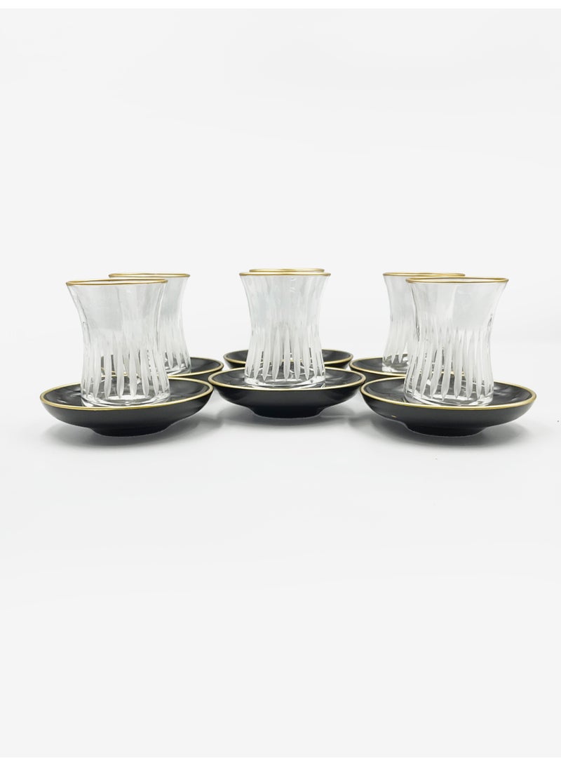 أكار طقم فناجين شاي تركي مع تفاصيل ذهبية وصحون سوداء – 6 قطع | صناعة تركية - Image 2
