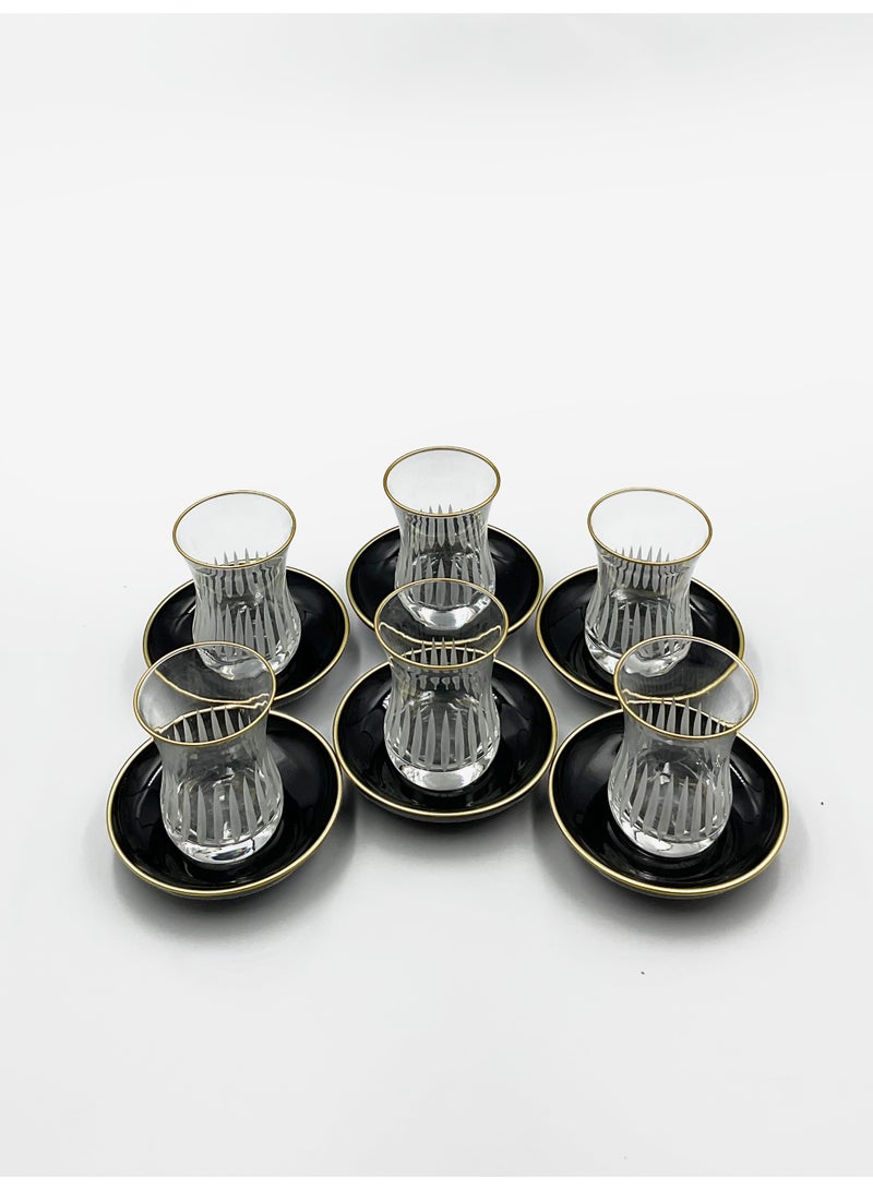 أكار طقم فناجين شاي تركي مع تفاصيل ذهبية وصحون سوداء – 6 قطع | صناعة تركية - Image 1