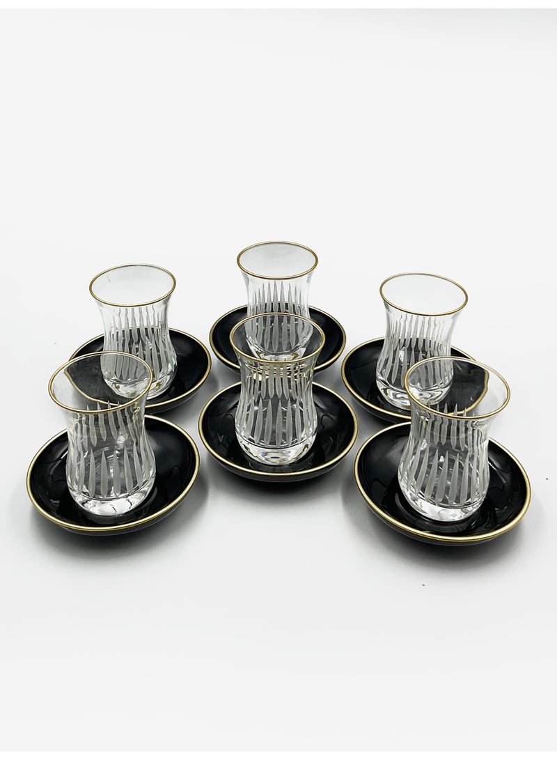 أكار طقم فناجين شاي تركي مع تفاصيل ذهبية وصحون سوداء – 6 قطع | صناعة تركية - Image 3