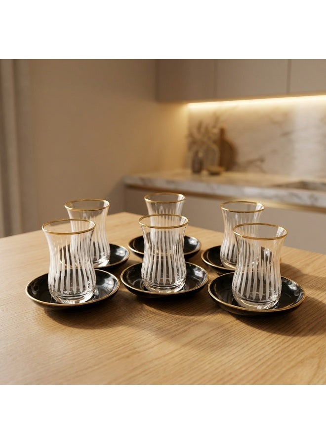 Acar Turkish Tea Glass Set with Gold Details & Black Saucers – 6 Pieces | Made in Turkey - Image 1