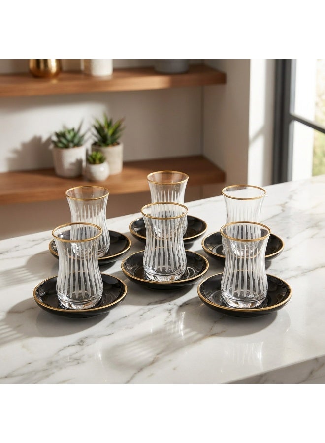Acar Turkish Tea Glass Set with Gold Details & Black Saucers – 6 Pieces | Made in Turkey - Image 2