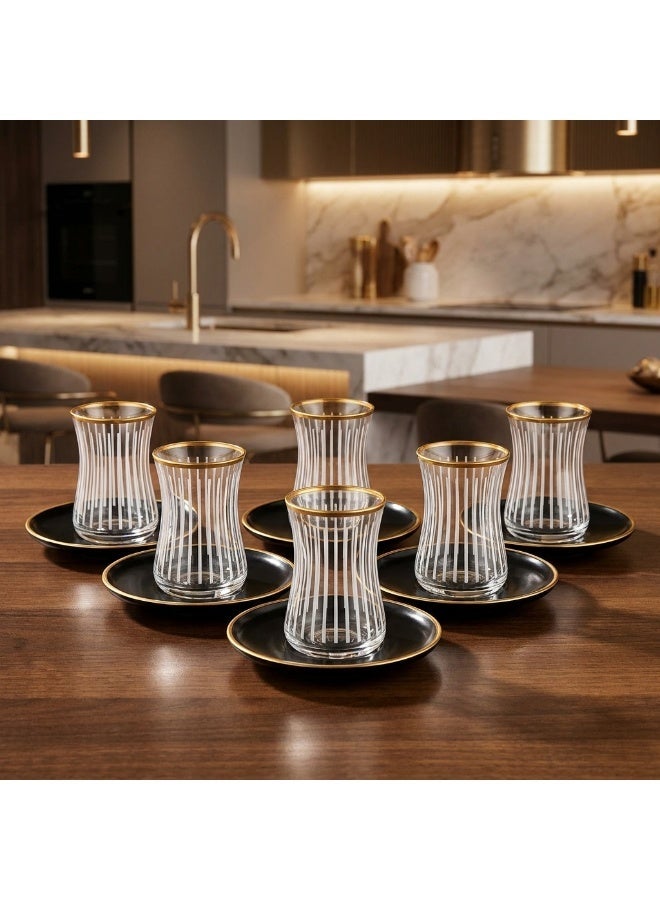 Acar Turkish Tea Glass Set with Gold Details & Black Saucers – 6 Pieces | Made in Turkey - Image 3