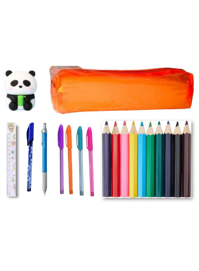 21-piece school supplies set (pencil case with zipper + 4 fluorescent colors + 12 wood colors + pencil + eraser and sharpener + pen + 15 cm ruler) - Image 1