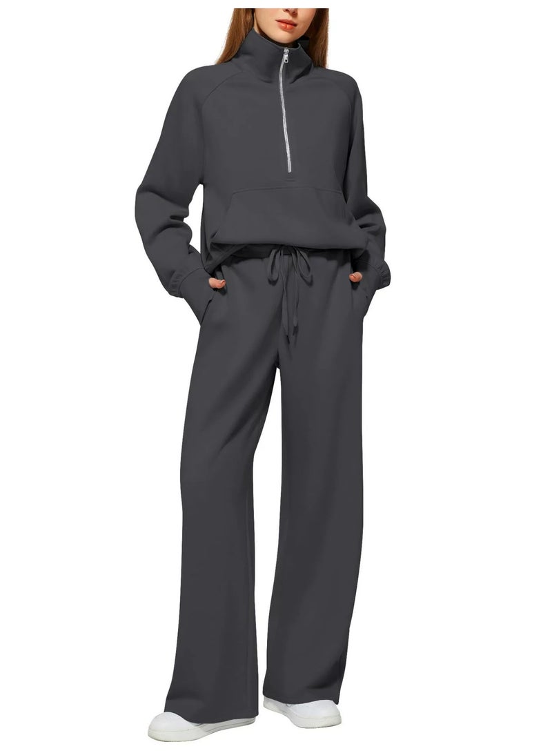 general 2025 - 2026 Women's Two-Piece Ultra-Large Half-Zip Sweatshirt and Wide Leg Sweatpants Casual Set - Image 1