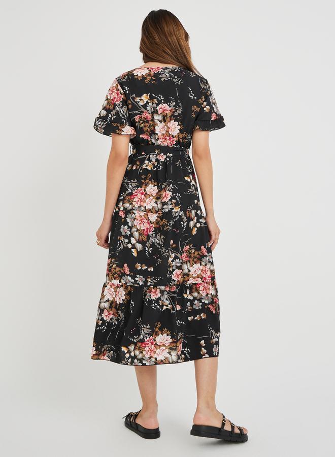 Take Two Women Black Floral Print Ruffle Trim A-Line Midi Dress with Tie Waist - Image 4
