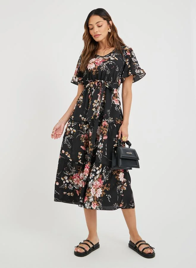 Take Two Take Two Women Black Floral Print Ruffle Trim A-Line Midi Dress with Tie Waist