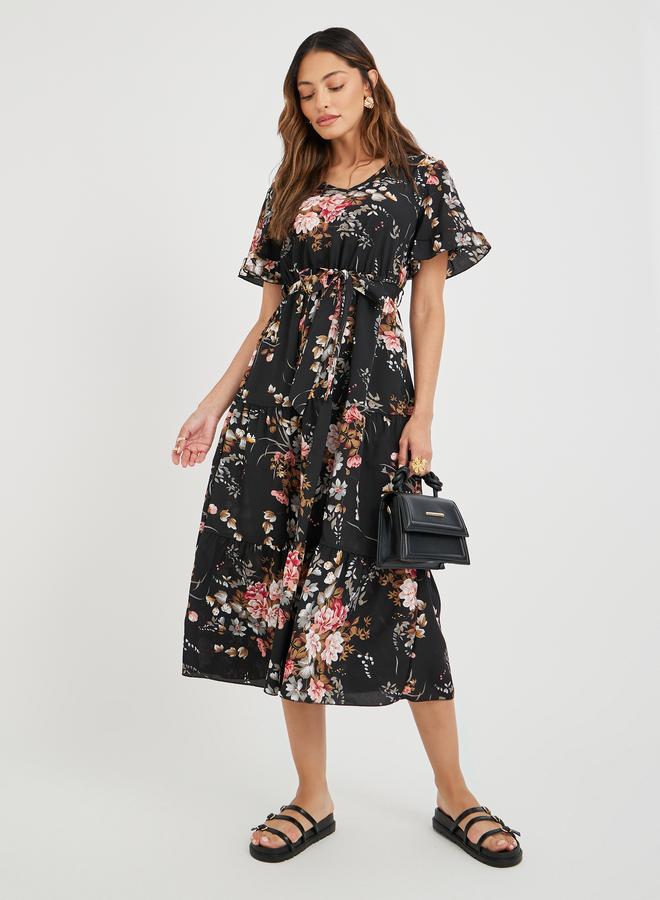 Take Two Women Black Floral Print Ruffle Trim A-Line Midi Dress with Tie Waist - Image 1