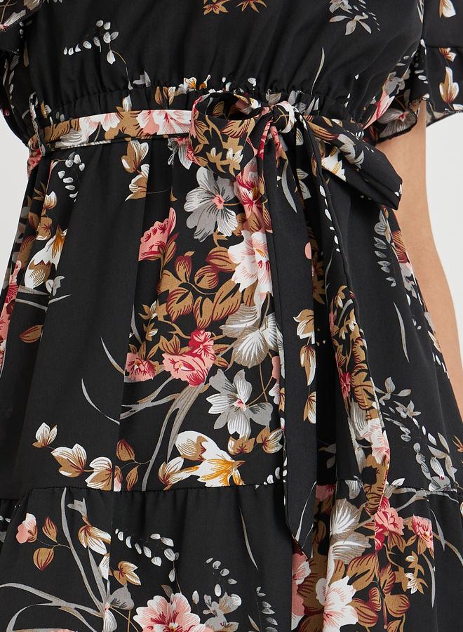 Take Two Women Black Floral Print Ruffle Trim A-Line Midi Dress with Tie Waist - Image 3