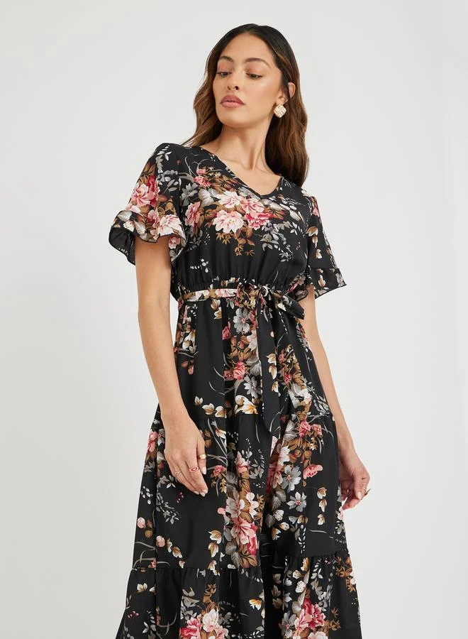Take Two Take Two Women Black Floral Print Ruffle Trim A-Line Midi Dress with Tie Waist