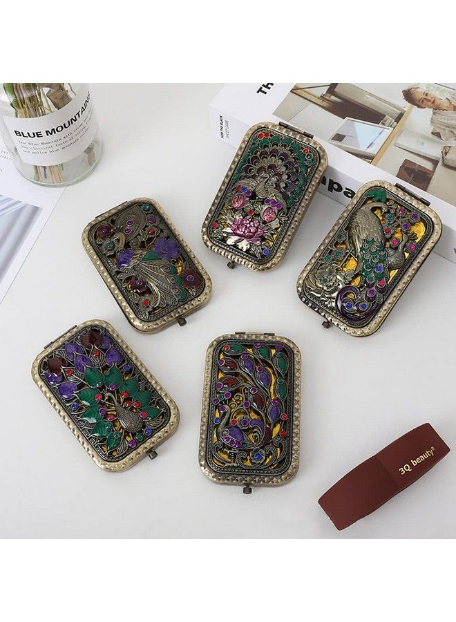 P-Plus International Vintage Makeup Mirror Metal Folding Mirror Peacock Vanity Mirror Double Sided Compact Travel Mirror Vintage Compact Cosmetic Mirror Metal(Random Pattern Set Of 1) - Image 4