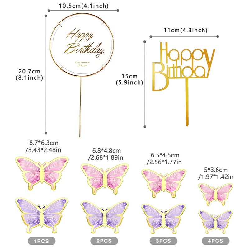 OWill 22-Pieces Butterfly Cake Decorations with Happy Birthday Acrylic Cake Toppers for Baby Shower Wedding Birthday Party Decor (Purple & Pink) - Image 2
